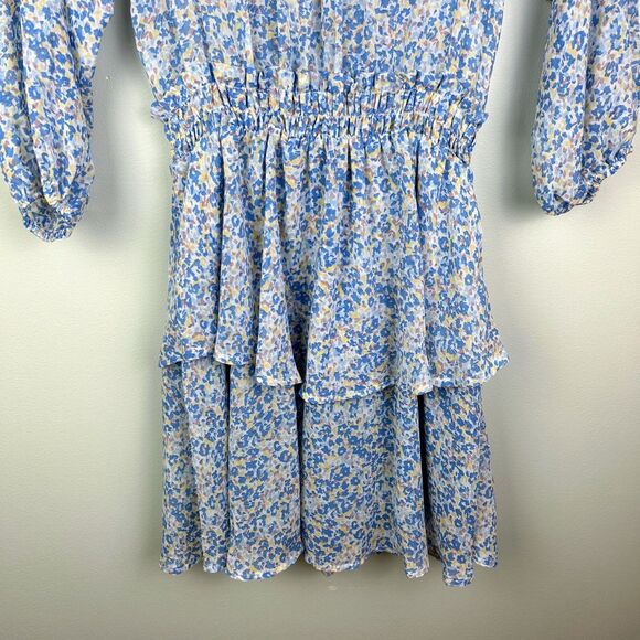Endless Blu Tiered Ruffle 3/4 Sleeve Dress Tie Neck Blue Floral Tie Neck Mini S - Picture 6 of 13